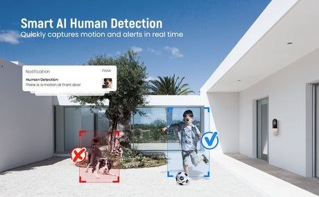 Smart AI human detection image showing notifications for motion alerts at a home's entrance.