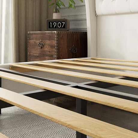Contemporary 51-inch bed frame showcasing sturdy wooden slats and stylish bedroom decor with a rustic nightstand.