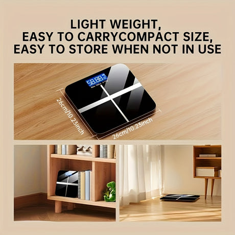Lightweight electronic scale with a compact design, easy to carry and store, ideal for home use.