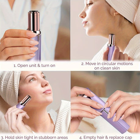 Step-by-step guide on using a USB rechargeable mini hair trimmer for women, featuring facial hair removal tips.