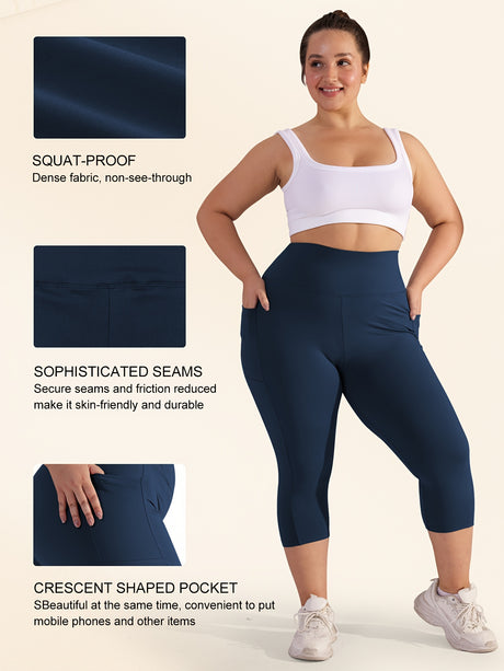 Woman wearing navy 3pcs stretch polyester leggings with squat-proof fabric and crescent pocket.