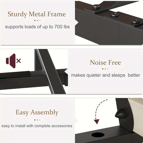 Sturdy metal bed frame supports up to 700 lbs, noise-free for better sleep, and easy to assemble with complete accessories.