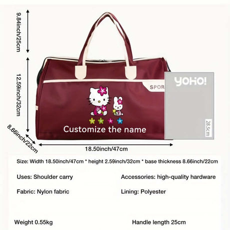 Customisable luggage bag featuring Sanrio design with Hello Kitty, sports style, available in red. Dimensions and materials included.