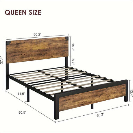 EUKER vintage queen size bed frame dimensions with a metal structure and wooden finish, ideal for stylish bedroom decor.