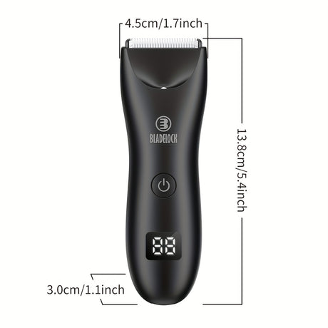 Professional body hair trimmer with measurement details and digital display, rechargeable with USB power.