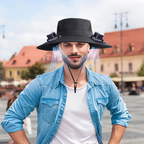 Man wearing a black adjustable fan hat outdoors, showcasing its cooling features and stylish design.