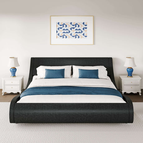 WEEWAY Modern Platform Bed Frame in black faux leather with blue and white bedding and stylish lamps