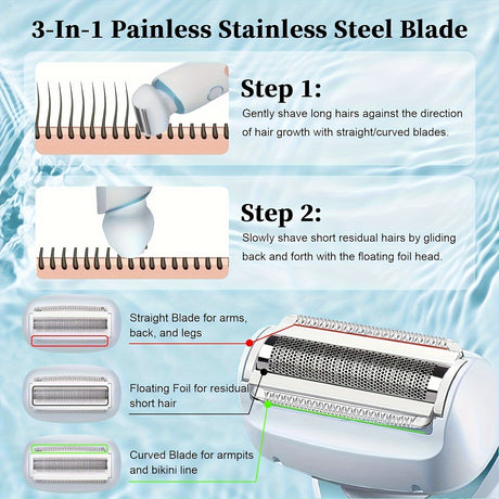 Instructions for 3-in-1 painless shaver with stainless steel blades for hair removal on arms, legs, and bikini area.
