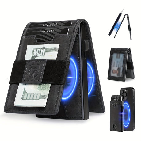 Men's minimalist black leather wallet with RFID protection, featuring a slim design and money holder.