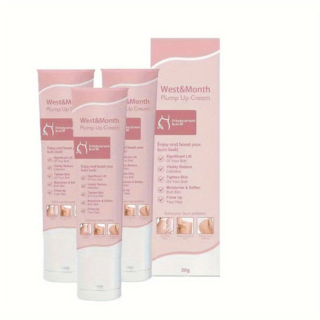 3 tubes of West&Month Plump Up Cream for body enhancement and moisturization, packaged in a pink box.