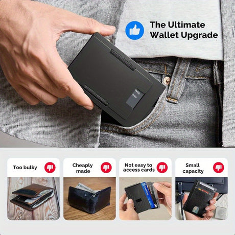 Men's Wallet with Magic Card Slot, aluminum alloy, sleek design, resolves common wallet issues like bulkiness and access.