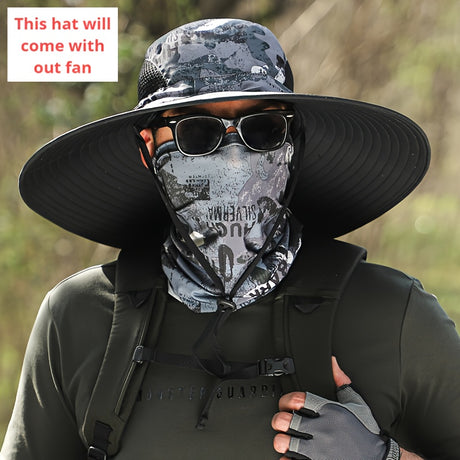 Men's sporty sun hat with wide brim, designed for outdoor use; does not include solar fan.