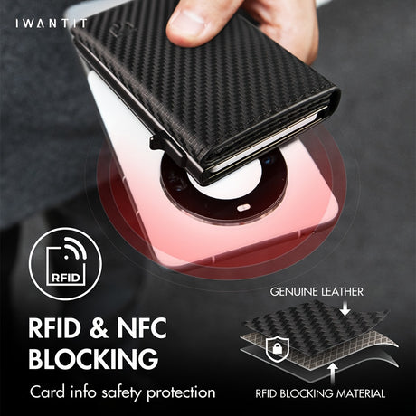 Men's minimalist leather wallet showcasing RFID and NFC blocking for card safety protection.
