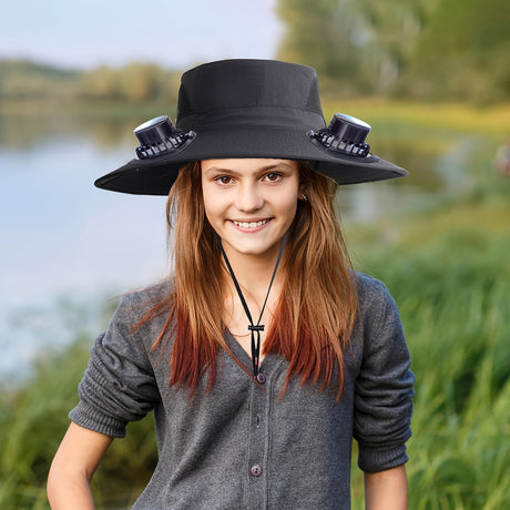 Girl wearing a black adjustable fan hat with USB charging capabilities, perfect for outdoor activities.