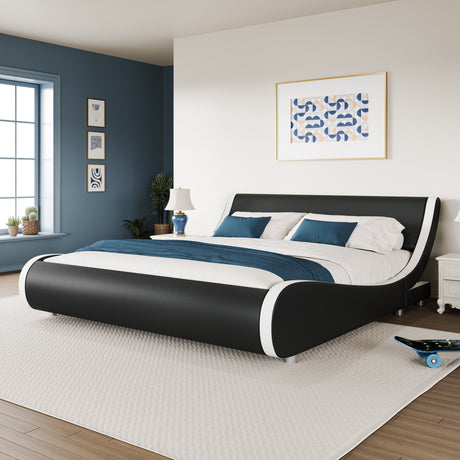 Modern WEEWAY platform bed frame in black faux leather with elegant curved design, perfect for contemporary bedroom decor.