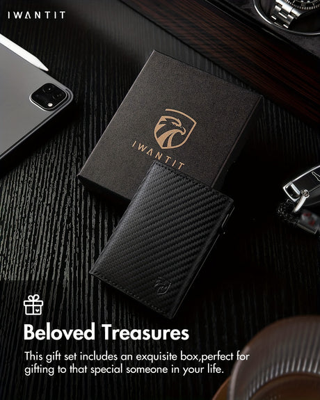 Men's minimalist leather wallet in gift box by IWANTIT, featuring RFID protection and slim design, perfect for gifting.