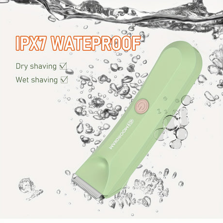 MAXGROOM body hair trimmer, IPX7 waterproof design, suitable for dry and wet shaving, ergonomic green handle.