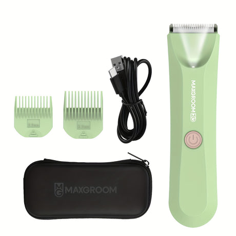 Body hair trimmer for men and women, includes rechargeable battery, limit combs, USB charging cable, storage box.