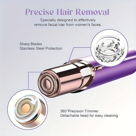 USB rechargeable mini hair trimmer for women showing sharp stainless steel blades for precise facial hair removal.