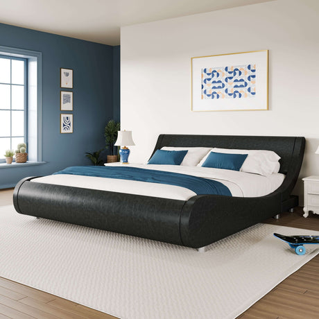 WEEWAY modern platform bed frame in contemporary design with faux leather upholstery and hardwood plywood construction.