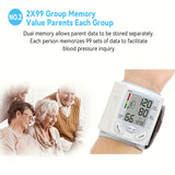 Automatic wrist blood pressure monitor with dual memory for 2x99 data sets, ideal for family health tracking.