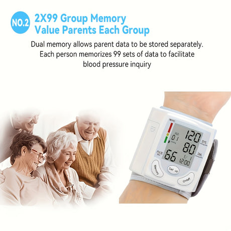 Automatic wrist blood pressure monitor with dual memory for 2x99 data sets, ideal for family health tracking.