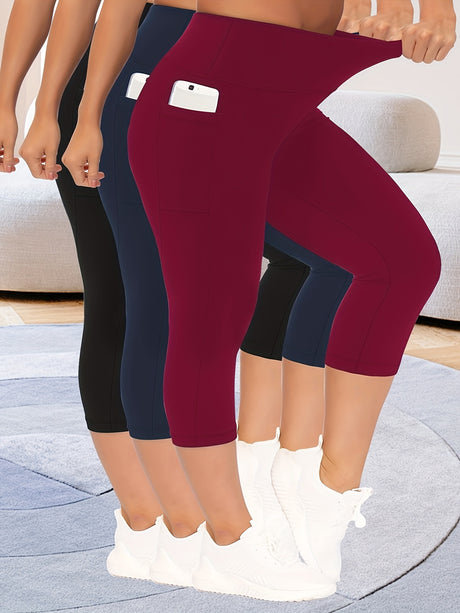3pcs stretch polyester leggings in black, navy, and burgundy with pockets, perfect for spring, summer, and fall.