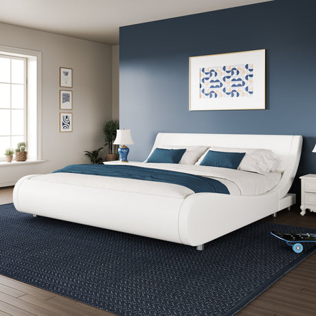 WEEWAY Modern platform bed frame in a contemporary bedroom setting, featuring a sleek white design and hardwood construction.