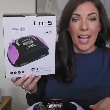 A woman showcases a Nail Curing Light with a digital tube display, highlighting its features and packaging.
