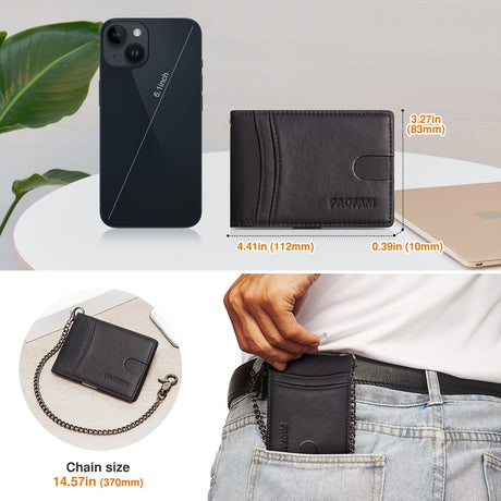 Top Layer Cowhide Bifold Wallet with RFID blocking, showcasing dimensions and chain size, styled elegantly.