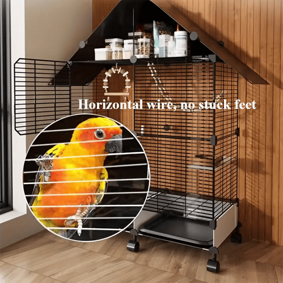 Heavy-duty metal bird cage with wheels, featuring horizontal wire for birds, ideal for safe and comfortable living.
