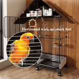 Heavy-duty metal bird cage with wheels, featuring horizontal wire for birds, ideal for safe and comfortable living.