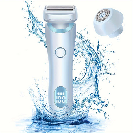 Electric shaver razor for women with LED display, washable design, and stainless steel blades in a water splash.
