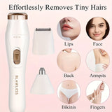 3-in-1 Women's Electric Shaver Kit showcasing hair removal features for face, lips, armpits, and bikinis.