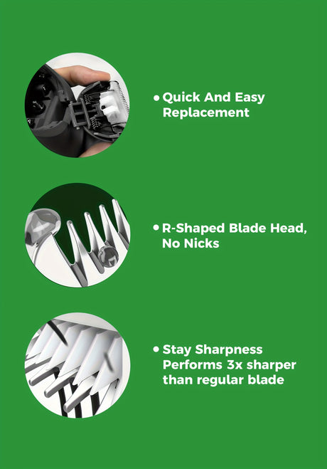Features of the Enssu Professional Body Hair Trimmer: quick replacement, R-shaped blade head, and sharpness performance.