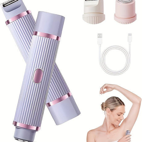 Electric razor for women in purple and pink, 2-in-1 shaver with USB cable, ideal for all skin types, travel size.