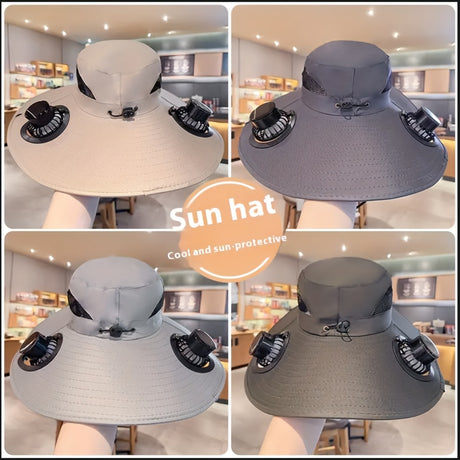 Sun hat featuring dual fans for cooling and sun protection, available in grey and black, ideal for outdoor activities.
