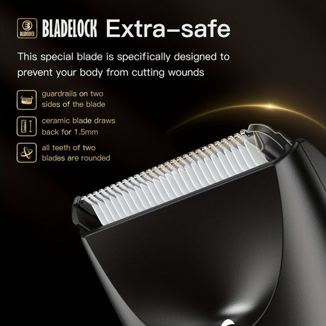 Close-up of the Bladelock body hair trimmer showcasing extra-safe blade design with guardrails and rounded edges for safety.