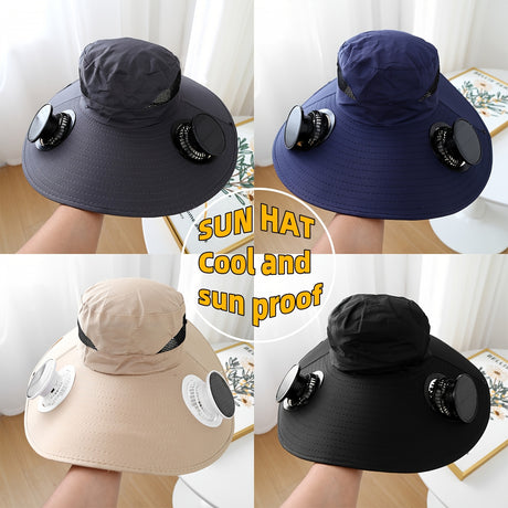 Solar fan cap featuring USB charging, sun protection, and cool ventilation, available in black, navy, beige.