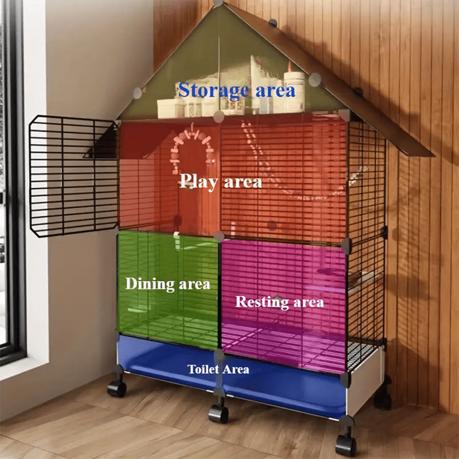 Heavy-duty metal bird cage with play, storage, dining, resting, and toilet areas, featuring a house design and wheels.
