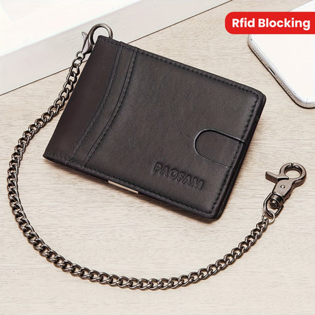 Top Layer Cowhide Bifold Wallet with RFID Blocking feature and chain, ideal for elegant style and security.