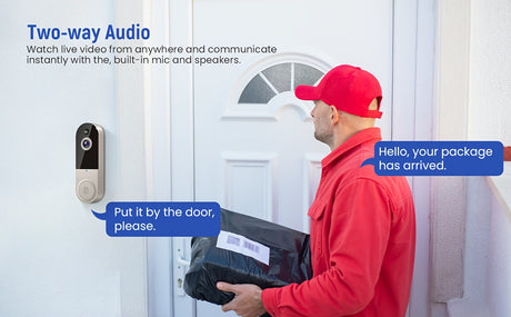Wireless doorbell camera with two-way audio for live video communication, installed on a door.