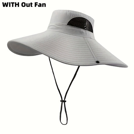 Solar Fan Cap in light gray color with wide brim and adjustable chin strap for UV protection and breathability.