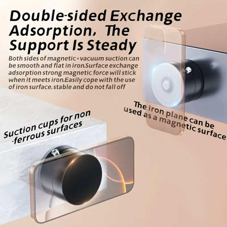 Double-sided magnetic phone holder demonstrating steady support with suction cup technology for non-ferrous surfaces.