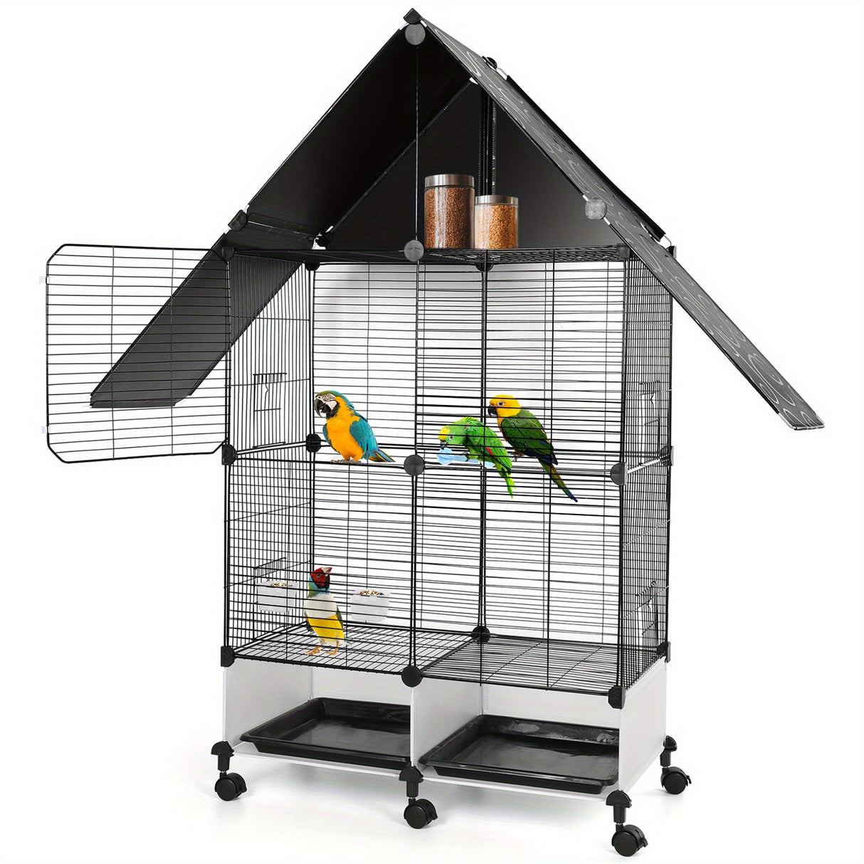 Heavy-duty metal bird cage with wheels, multiple levels, and a roof design, designed for various bird species.
