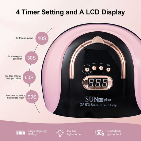Nail curing light with LCD display and 4 timer settings for gel polish application.
