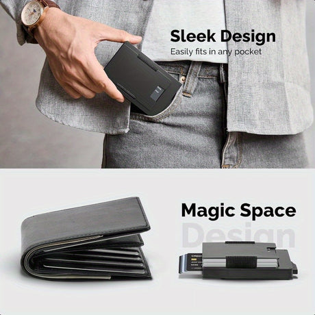 Men's aluminum alloy wallet featuring a sleek design and magic card slot for convenient storage.