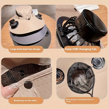 Collage of Solar Dual Fan Anti-UV with features: large brim, USB charging, adjustable buckle, breathable mesh design.