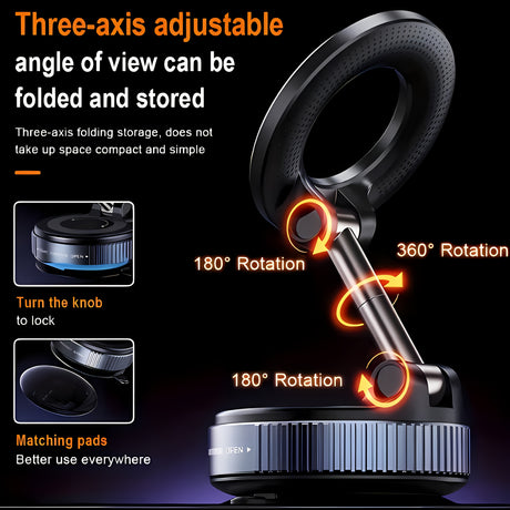 360° rotating magnetic phone holder with three-axis adjustable angles, compact design for easy storage and portability.