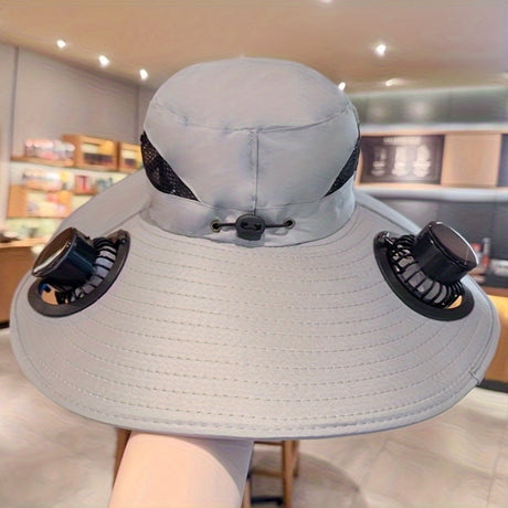 Solar Dual Fan Anti-UV grey hat with built-in fans for cooling and sun protection, perfect for outdoor activities.